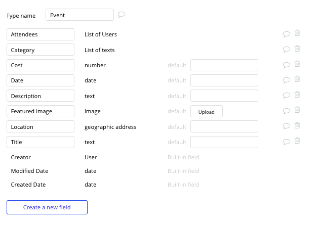 Bubble no code eventbrite clone walkthrough tutorial - event fields.