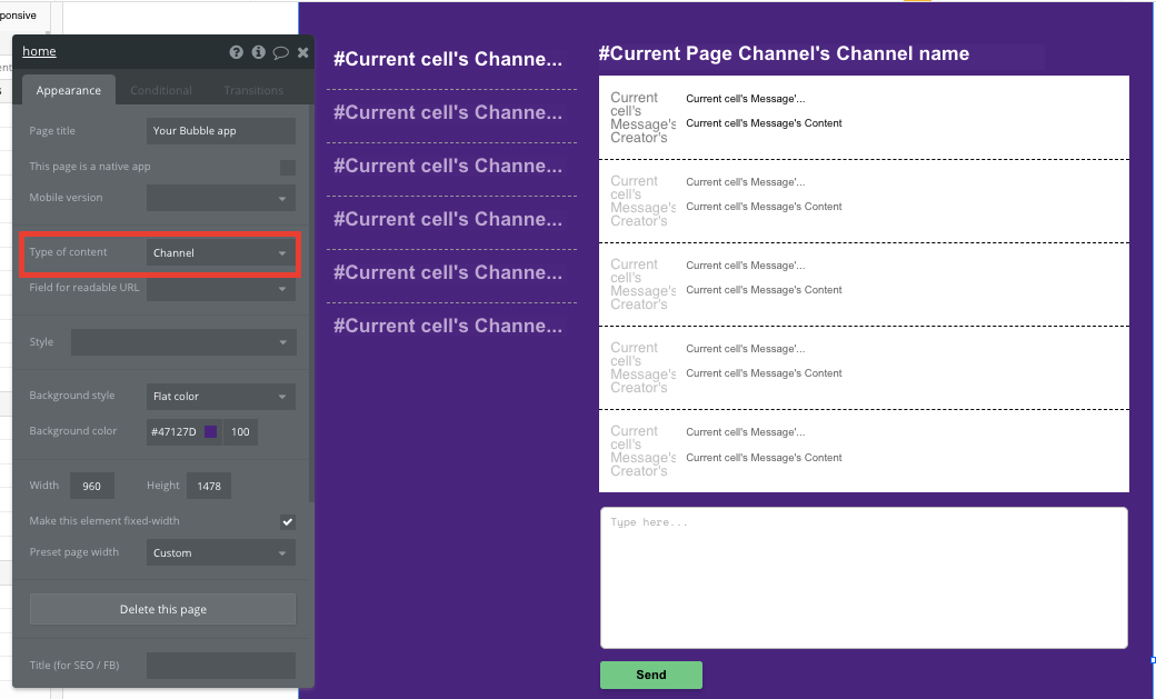 bubble no code slack clone tutorial walkthrough - channel property.