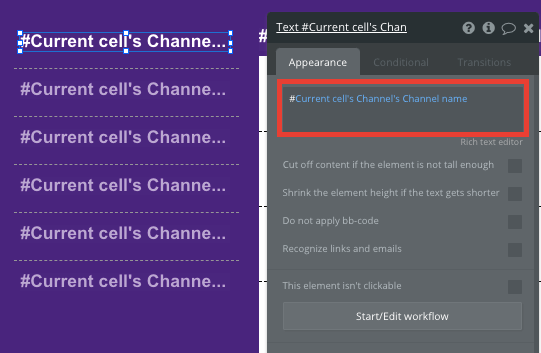 bubble no code slack clone tutorial walkthrough - current cell appearance.