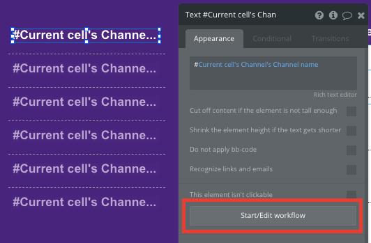 bubble no code slack clone tutorial walkthrough - current cell workflow.