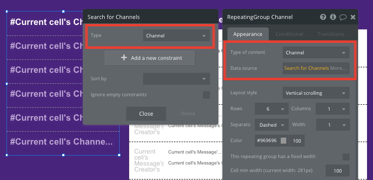 bubble no code slack clone tutorial walkthrough - repeating group channel.