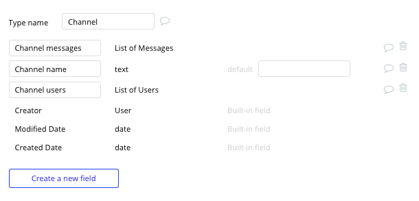 bubble no code slack clone tutorial walkthrough - channel fields.