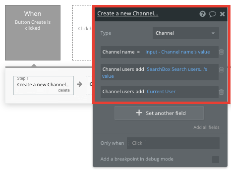 bubble no code slack clone tutorial walkthrough - new channel workflow.