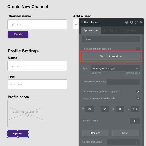 bubble no code slack clone tutorial walkthrough - new channel workflow.