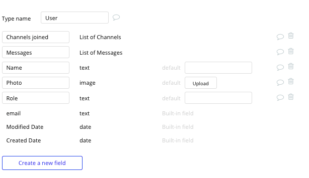 bubble no code slack clone tutorial walkthrough - list fields.