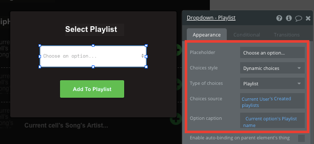 Bubble Add Song to Playlist Dropdown Menu Sample Spotify Clone