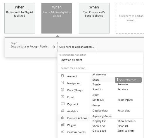How to show pop up elements in Bubble for no code Spotify clone playlist
