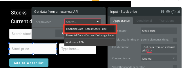 Fetching stock price data using Bubble’s no-code API tool