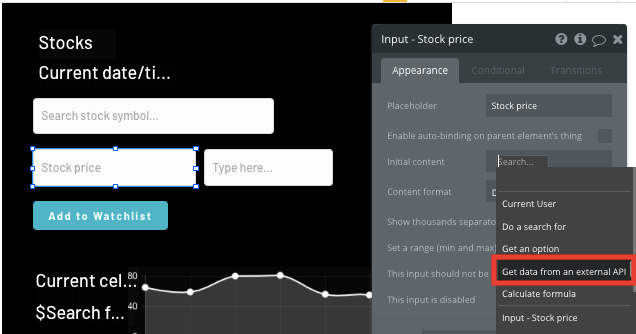 Displaying a stock price in Bubble’s no-code Apple Stocks clone app