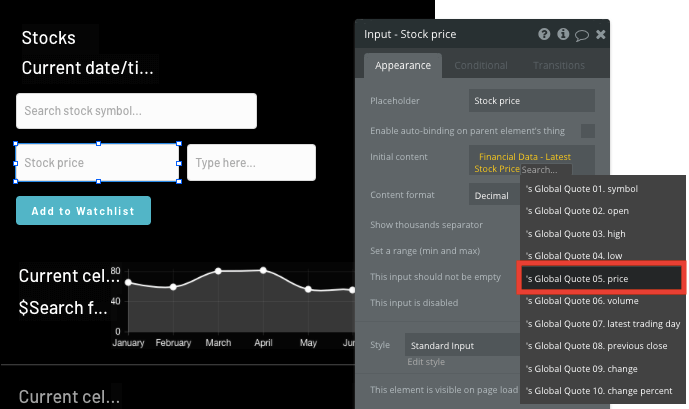 Displaying a stocks price in Bubble’s no-code Apple Stocks clone app