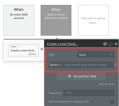 Saving a new stock in Bubble’s Apple Stocks clone app