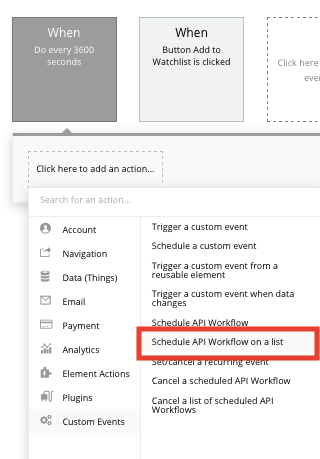 Using Bubble’s no-code workflow editor to schedule an API event
