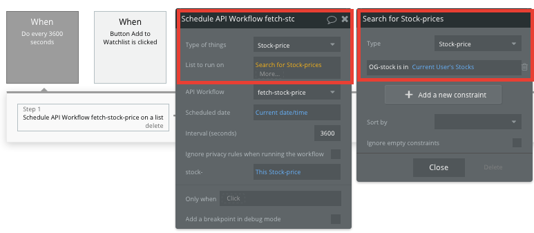 Configuring an API event to fetch stock prices within a no-code Apple Stocks app