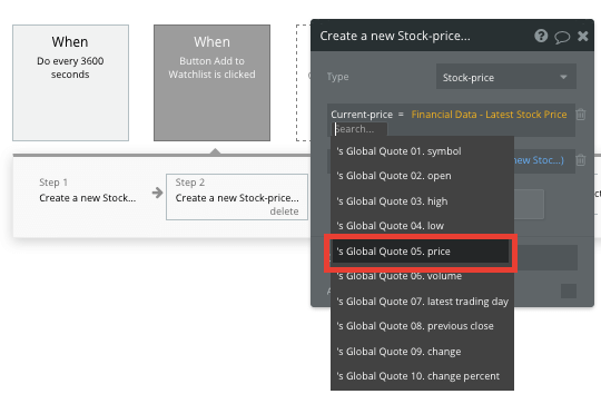 Recording a stocks price in Bubble’s no-code Apple Stocks clone app
