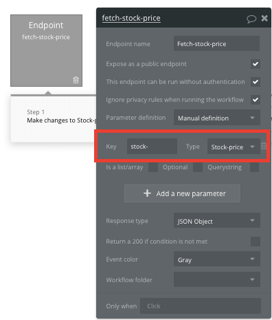 Configuring a custom API parameter to send data in a no-code Apple Stocks app