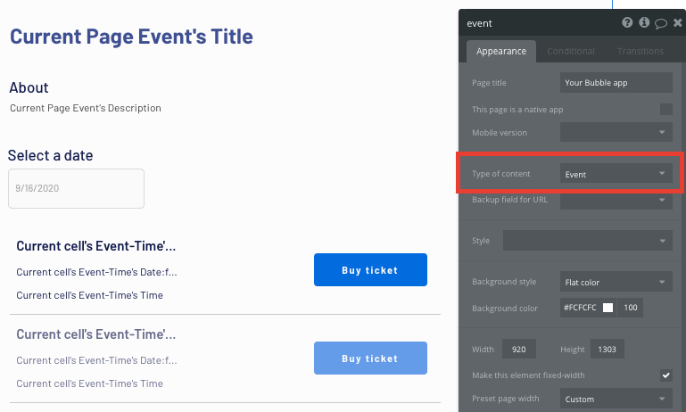 Setting the type of content for a page in Bubble’s no-code editor
