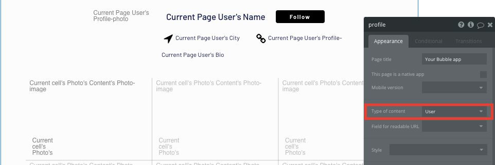 Configuring the data type of an Unsplash user profile page
