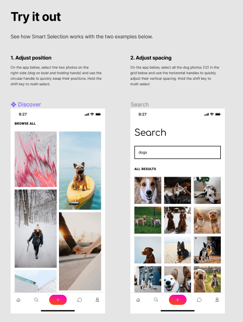 A screenshot of two pages of a photo app side by side on Figma's canvas.