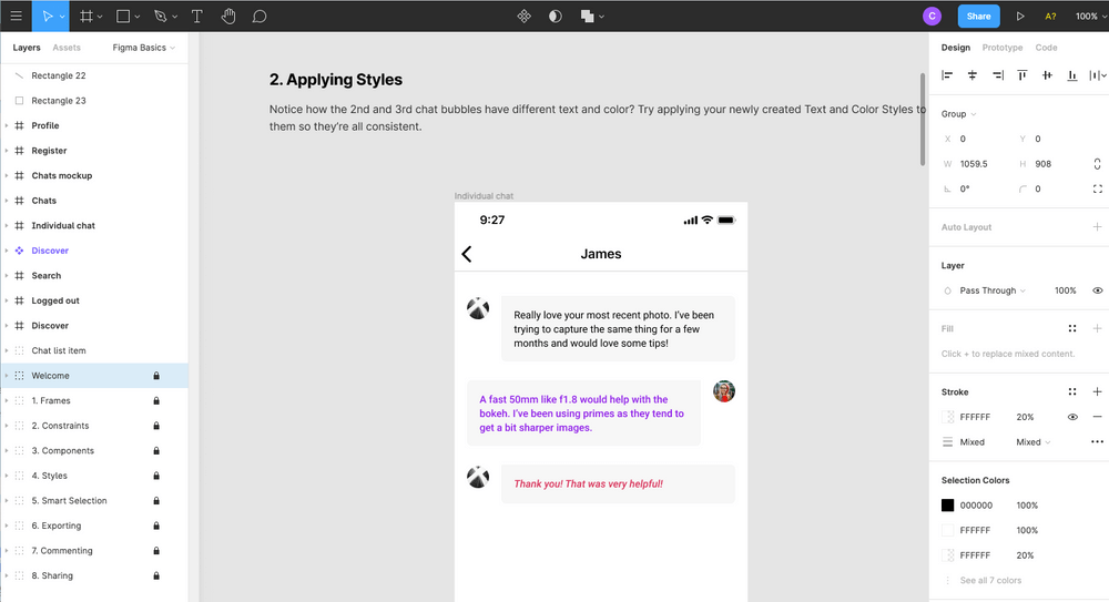 A screenshot of Figma's canvas. THe user is applyings tyles to a chat module design.