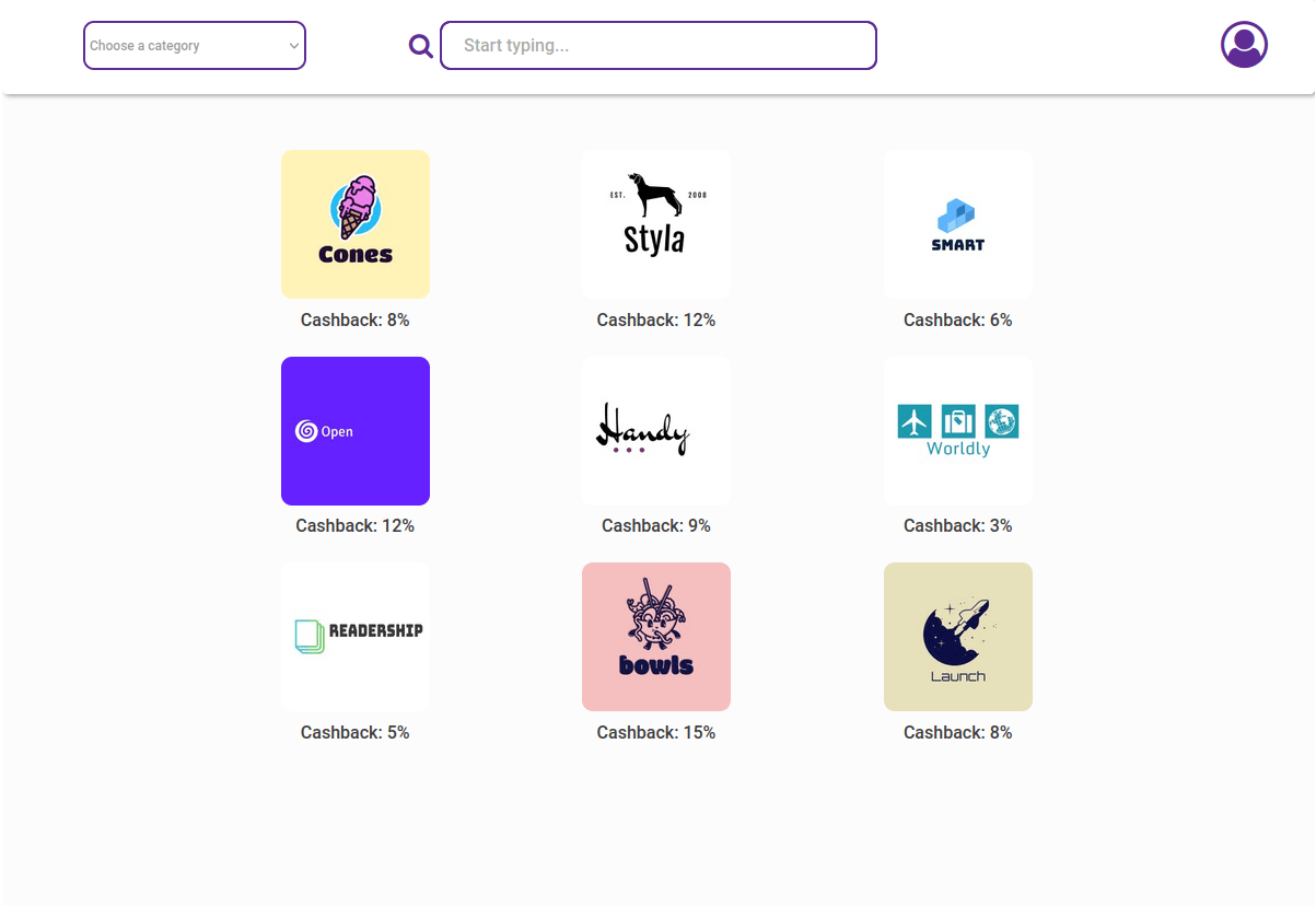 Rakuten Clone dashboard page A cashback app dashboard, showing 9 brands each with their own cashback offers, a search box, a category dropdown selector and a profile link button.