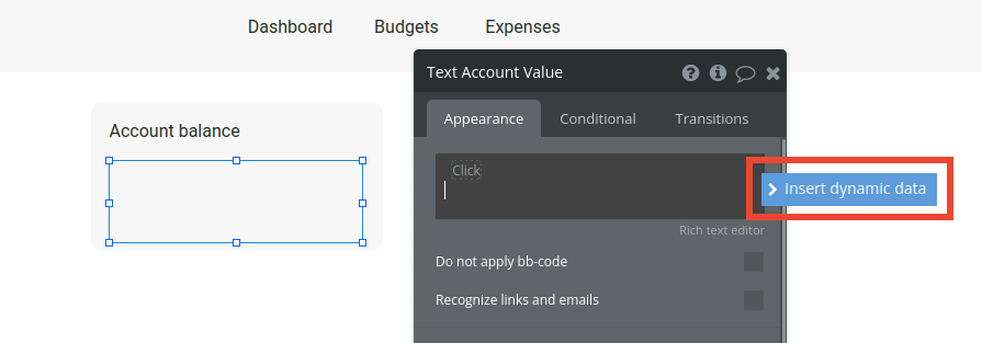 Inserting dymanic data in Bubble editor.