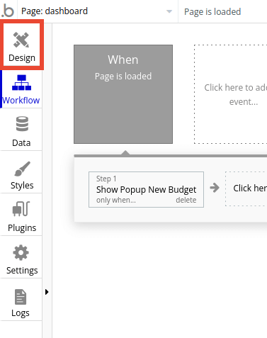 Create budget button in Bubble editor.