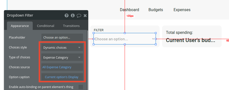 Dropdown filter settings in Bubble editor.