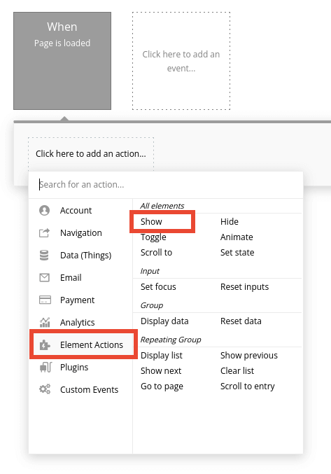 Element Actions workflow settings in Bubble editor.