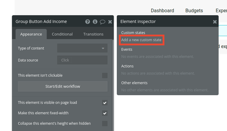 Group Button settings and Element Inspector in Bubble editor.