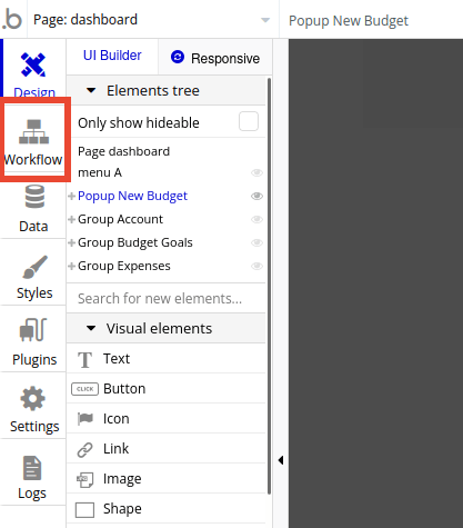 Workflow button in Bubble editor.