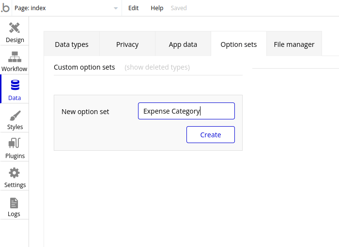 Expense category setup in Bubble editor.