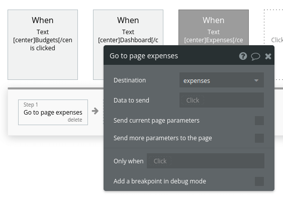 Expenses workflow settings in Bubble editor.