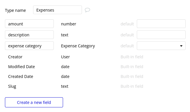 Data type settings for expenses.