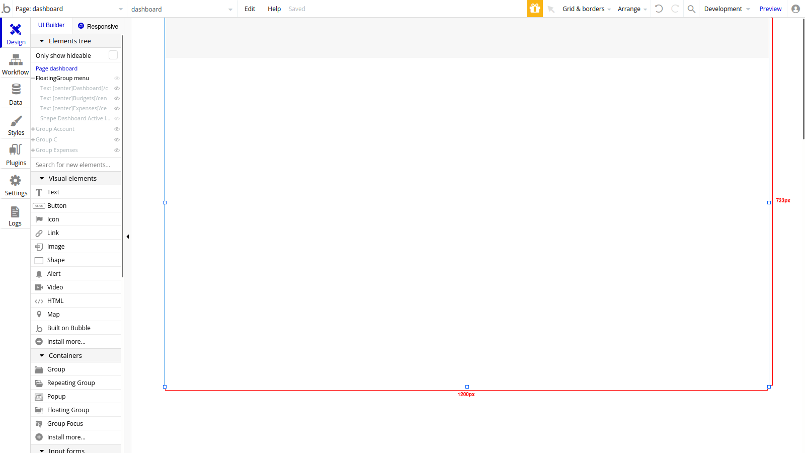 Dashboard page in Bubble editor.