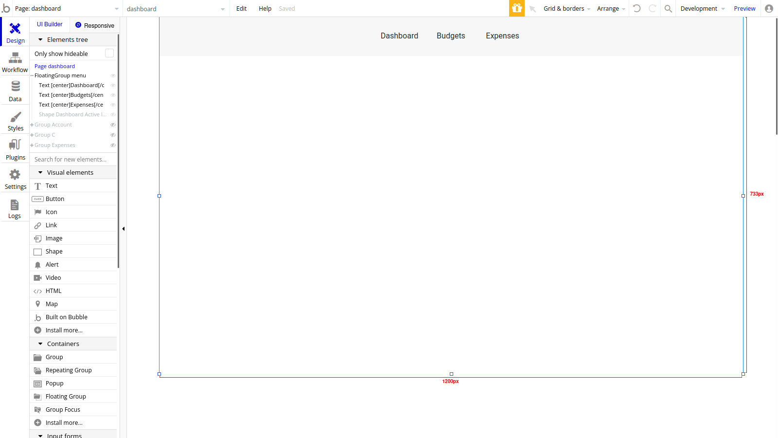 Dashboard in Bubble editor with Dashboard, Budgets, Expenses menu.
