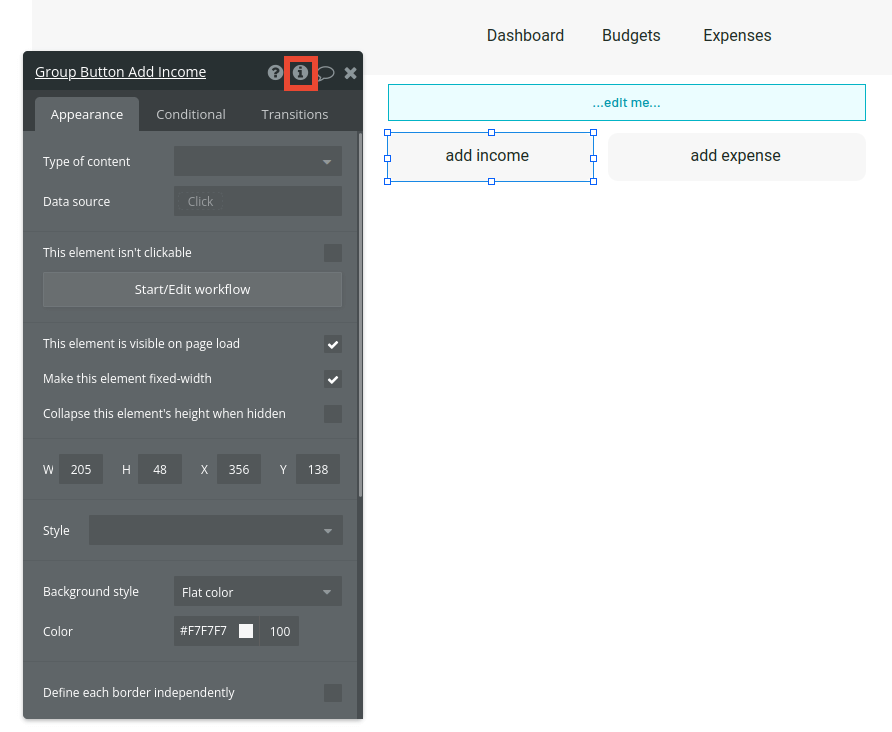 Group button settings in Bubble editor.