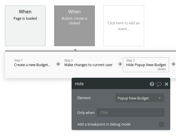 Popup workflow settings in Bubble editor.