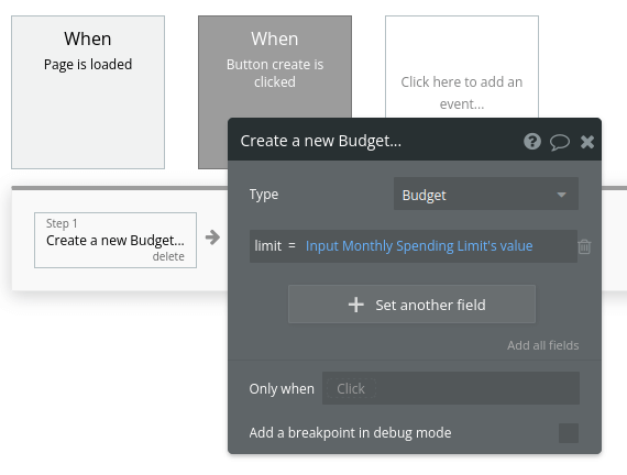 Create new budget workflow settings in Bubble editor.