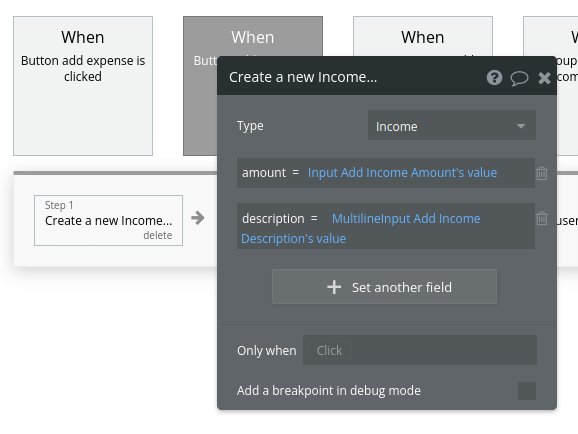 Create a new income workflow and settings in Bubble editor.