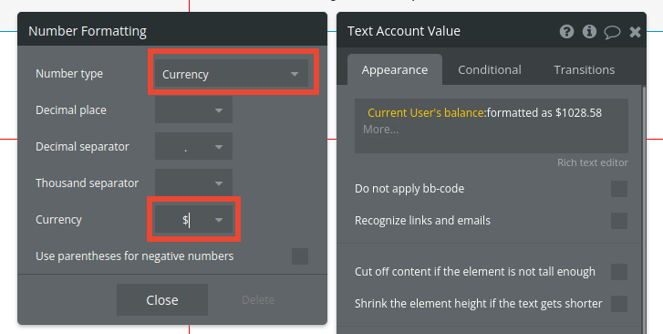 Currency formatting in Bubble editor.