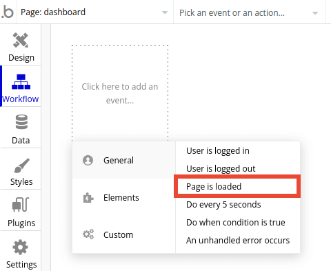 Workflow settings in Bubble editor.
