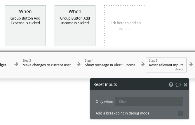 Reset inputs workflow settings in Bubble editor.