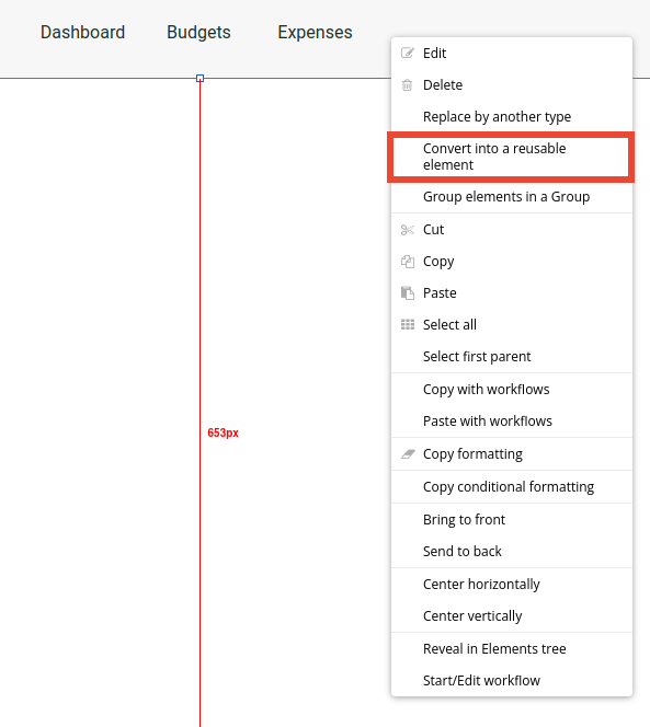 Reusable element settings in Bubble editor.