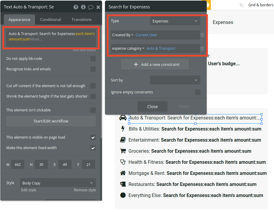 Search settings in Bubble editor.