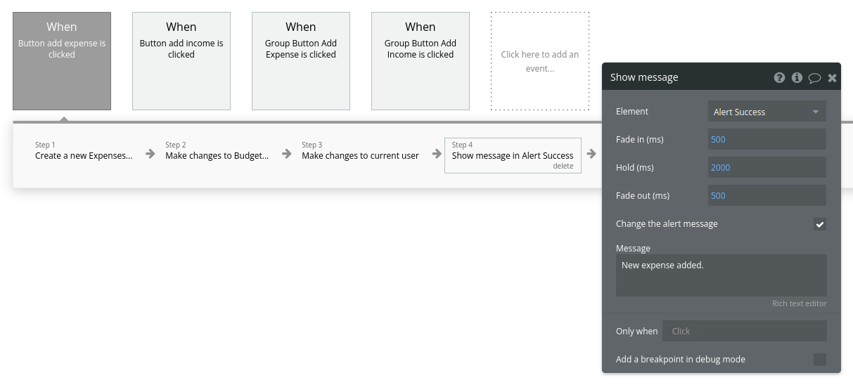 Messages workflow settings in Bubble editor.