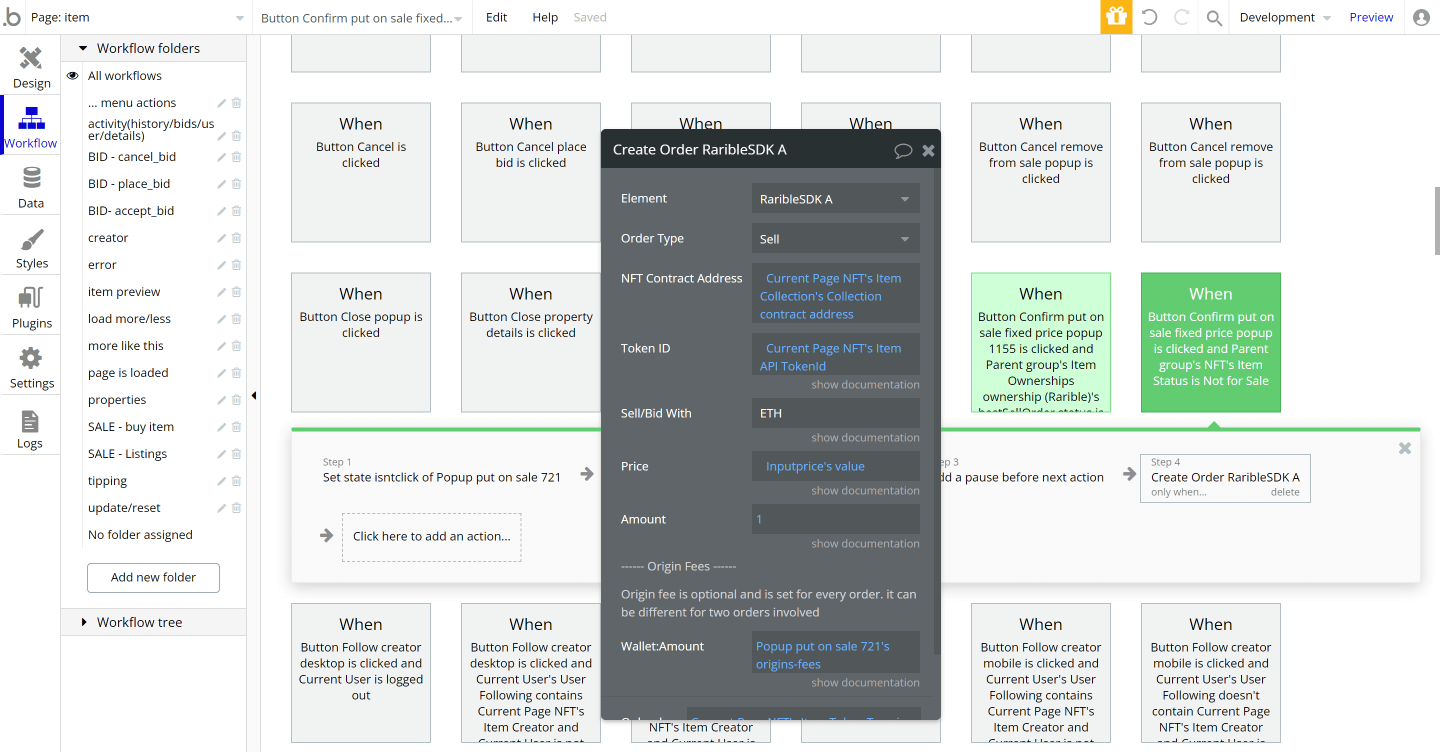 Bubble No Code NFT marketplace Opensea clone tutorial - create order workflow.