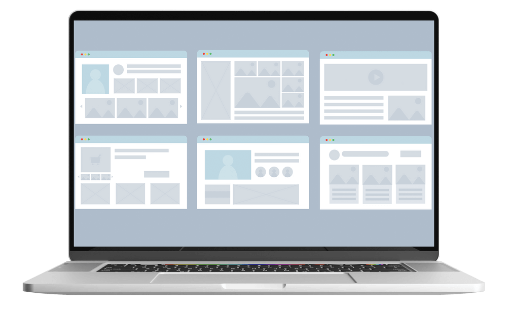 Laptop screen with no-code application design mockups.