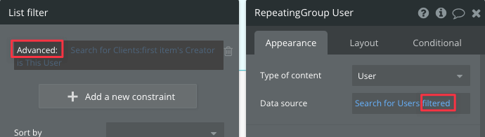 Advanced list filter in Bubble editor.