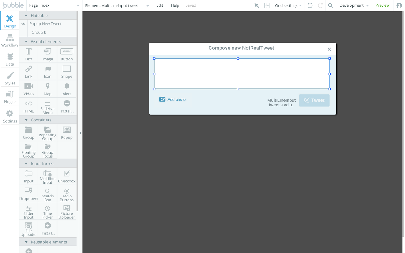 Tweet clone compose new text bubble on a black screen.