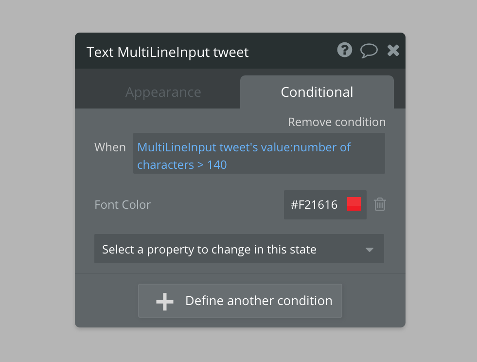 Settings window where conditional rules and appearance details are set.